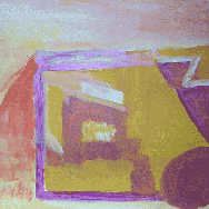 Pink, yellow and purple painting by resident